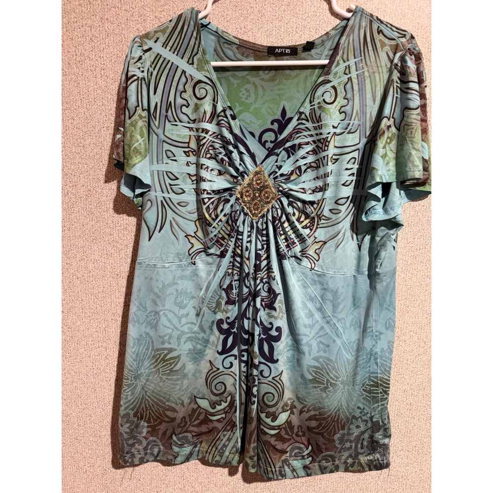 Apt. 9 Womens 2X Teal Green Scroll Print Beaded V-Neck Short Sleeve Blouse Top